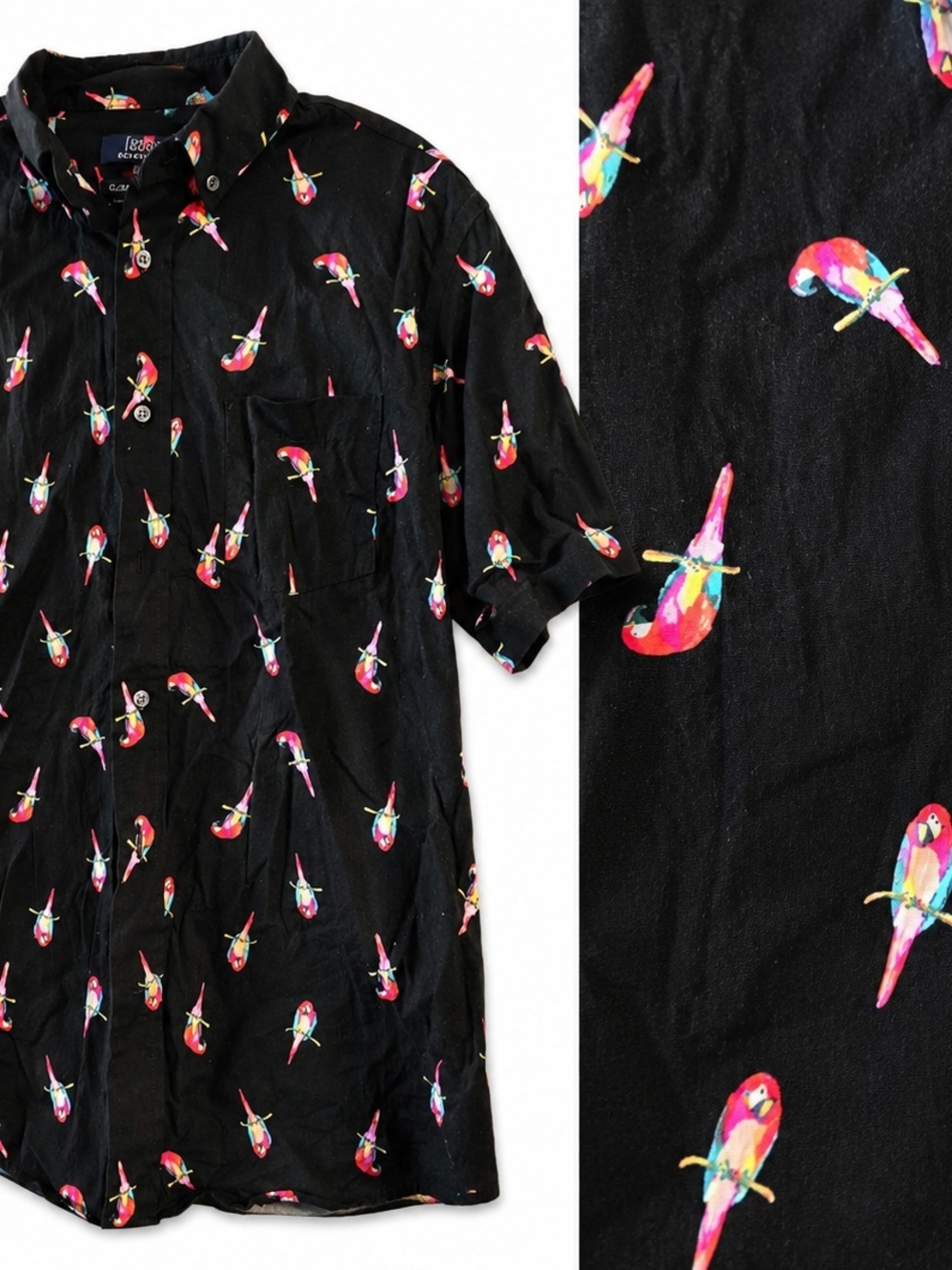 Black Parrot Print Button-Down Mens Shirt